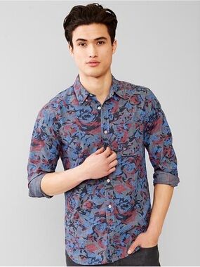 GAP indigo rose Button-Down Shirt with Red floral Accents